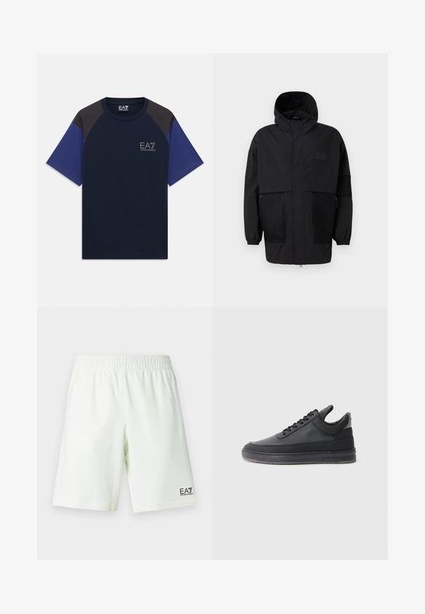 Melnā kapučjaka, kas izgatavota no viegla auduma, ar acs paneļiem, priekšējo rāvējslēdzēju un elastīgām aprocēm, kas nodrošina regulējamu piegulšanu.; Tumši zila T-krekls ar melniem plecu paneļiem un ziliem piedurknēm, ar EA7 Emporio Armani logo kreisajā krūtī.; Baltas šortus ar elastīgu vidukli un EA7 Emporio Armani logotipu melnā krāsā uz apakšējās labās kājas.; Melnas ādas sporta kurpes ar teksturētu virsmu, ar saistēm, zema augstuma un pelēku gumijas zoli ar rievojumu malu.