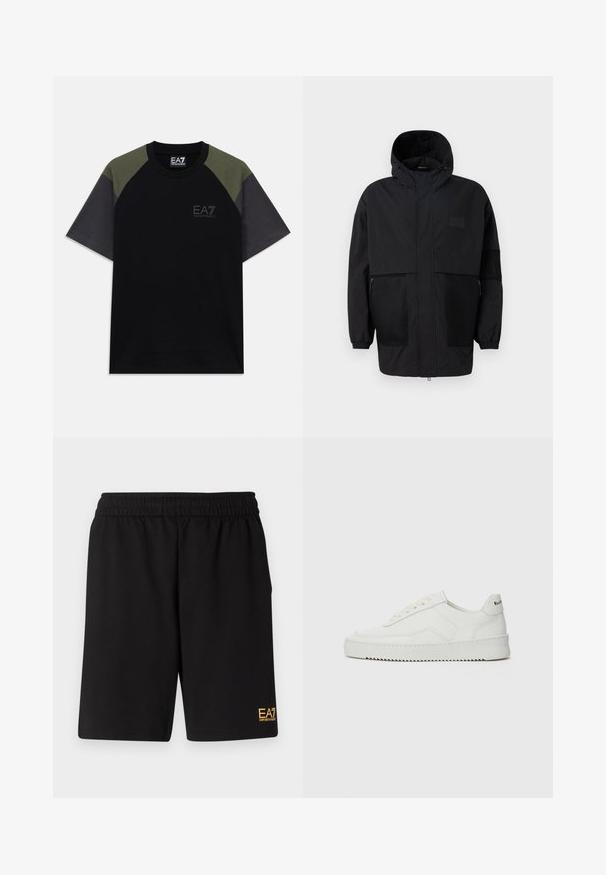 Svart hettejakke laget av lettvektig stoff, med mesh-paneler, en front glidelås og elastiske mansjetter for justerbar passform.; Kortskaftet svart T-skjorte med olivengrønne skulderpaneler, mørkegrå ermer, og EA7 Emporio Armani-logo på brystet og krageetiketten.; Sorte treningsshorts laget av mykt stoff, med elastisk midje og en liten gul EA7-logo nederst på venstre ben.; Hvite lærersneakers med en jevn overflate, rund tå, flate lisser og en teksturert såle. Har en subtil logo på hælen.
