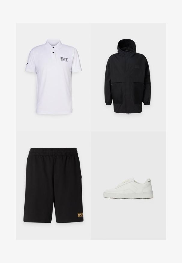 Svart hettejakke laget av lettvektig stoff, med mesh-paneler, en front glidelås og elastiske mansjetter for justerbar passform.; Hvit polo skjorte laget av teksturert stoff, med en to-knapp knappestolpe, svart EA7-logo på brystet, og kortermede ermer med detaljakkent.; Sorte treningsshorts laget av mykt stoff, med elastisk midje og en liten gul EA7-logo nederst på venstre ben.; Hvite lærersneakers med en jevn overflate, rund tå, flate lisser og en teksturert såle. Har en subtil logo på hælen.
