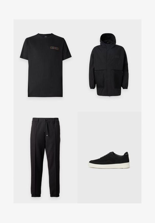 Sort hættetrøje lavet af letvægtsstof, med mesh-paneler, en frontlynlås og elastiske manchetter for justerbar pasform.; Sort bomulds T-shirt med rund hals og korte ærmer. Har et farverigt grafisk design af overlappende ringe på venstre bryst.; Sorte bukser med elastisk talje, snørelukning og elastiske manchetter. Har folder og et glat, tekstureret stof.; Sort ruskinds sneaker med snørebånd og kontrasterende hvid gummisål. Har teksturerede sidepaneler og diskret branding på hælen.