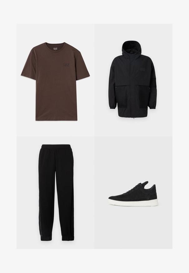 Černá kapucňová bunda vyrobená z lehké tkaniny, s síťovinovými panely, předním zipem a elastickými manžetami pro nastavitelné přizpůsobení.; Hnědé bavlněné tričko s krátkým rukávem a kulatým výstřihem. Na hrudi se nachází malé černé logo. Hladká textura a jednoduchý design.; Černé joggingové kalhoty vyrobené z měkké tkaniny, s elastickým pasem, manžetami na nohavicích a bočními síťovinami pro lepší ventilaci.; Černé semišové tenisky s bílou gumovou podrážkou, s tónovým prošitím a šněrováním. Hladký povrch s moderním, aerodynamickým tvarem.
