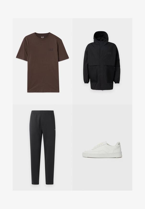 Črna kapuča jakna iz lahkega materiala, ki ima mrežaste panele, sprednje zadrgo in elastične manšete za prilagodljiv fit.; Rjava bombažna majica s kratkimi rokavi in okroglim izrezom. Ima majhen črn logotip na prsih. Gladka tekstura in preprost design.; Črne trenirka hlače iz mehkega blaga, z elastičnim pasom, ravnimi nogami in z enim majhnim logotipom na strani.; Bela usnjena športna obutev z gladko površino, okroglo prst, ravne vezalke in teksturiran podplat. Ima diskretno logo na peti.