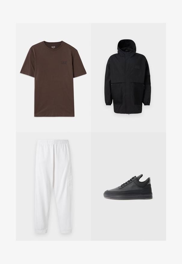 Jachetă neagră cu glugă, realizată dintr-un material ușor, având panouri din plasă, fermoar frontal și manșete elastice pentru o ajustare confortabilă.; Tricou din bumbac maro cu mâneci scurte și guler rotund. Are un mic logo negru pe piept. Textură fină și design simplu.; Pantaloni de trening albi, cu talie elastică și glezne strânse. Prezintă un detaliu texturat cu logo pe coapsa stângă. Material moale.; Pantofi sport din piele neagră cu o suprafață texturată, design cu sireturi, cu glezna joasă și o talpă din cauciuc gri cu margine zimțată.