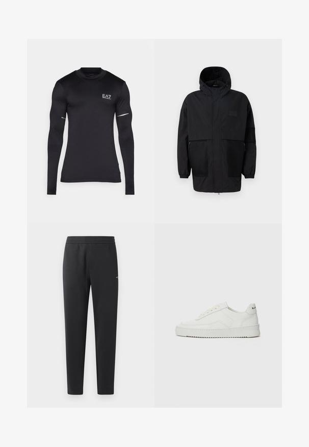 Fekete kapucnis dzseki, könnyű anyagból készült, hálós panelek, elülső cipzár és állítható illeszkedést biztosító rugalmas mandzsetták jellemzik.; Fekete, hosszú ujjú sportpóló, rugalmas szintetikus anyagból készült. Az EA7 logóval, textúrázott díszítésekkel a ujjain, és fényvisszaverő részletekkel rendelkezik.; Fekete sportnadrág puha anyagból, rugalmas derékpánttal, egyenes szárakkal és egy kis logó részlettel az oldalán.; Fehér bőr sportcipő sima felülettel, kerek orral, lapos fűzőkkel és texturált talppal. Finom logó található a sarokon.