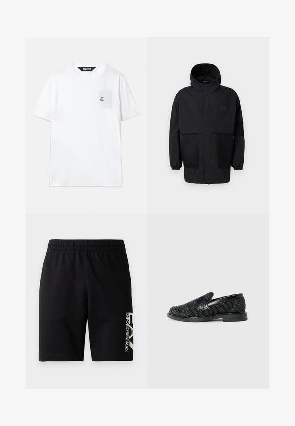 Černá kapucňová bunda vyrobená z lehké tkaniny, s síťovinovými panely, předním zipem a elastickými manžetami pro nastavitelné přizpůsobení.; Bílý bavlněný tričko s krátkým rukávem, kulatým výstřihem, malou náprsní kapsou a vyšitým logem na kapse.; EA7 Emporio Armani TRAIN VISIBILITY - Šortky - black/cream; Černé pletené nazouvací boty s hladkým koženým akcentem na svršku, kulatou špičkou a nízkoprofilovou gumovou podrážkou.