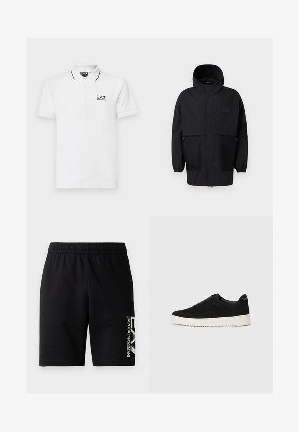 Černá kapucňová bunda vyrobená z lehké tkaniny, s síťovinovými panely, předním zipem a elastickými manžetami pro nastavitelné přizpůsobení.; Bílá bavlněná polo košile s dvouknoflíkovým zapínáním, černým límečkem a pruhy na rukávech, s logem EA7 na levé straně hrudi.; EA7 Emporio Armani TRAIN VISIBILITY - Šortky - black/cream; Černé semišové tenisky s krajkovým designem a kontrastní bílou gumovou podrážkou. Obsahují texturované boční panely a jemné branding na patě.