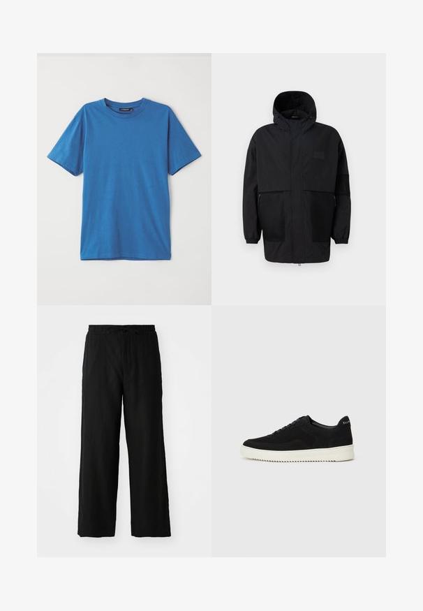 Schwarze Kapuzenjacke aus leichtem Stoff, mit Netzpaneelen, einem Frontreißverschluss und elastischen Bündchen für eine verstellbare Passform.; Blaues Baumwoll-T-Shirt mit kurzen Ärmeln, Rundhals und glatter Textur. Keine Muster oder Akzente. Einfaches, klassisches Design.; Schwarze, weit geschnittene Hose aus leichtem Stoff, mit elastischem Bund und Kordelzug, ohne sichtbare Taschen oder Muster.; Schwarze Wildleder-Sneaker mit Schnürdesign und kontrastierender weißer Gummisohle. Verfügt über strukturierte Seitenpaneele und dezentes Branding an der Ferse.