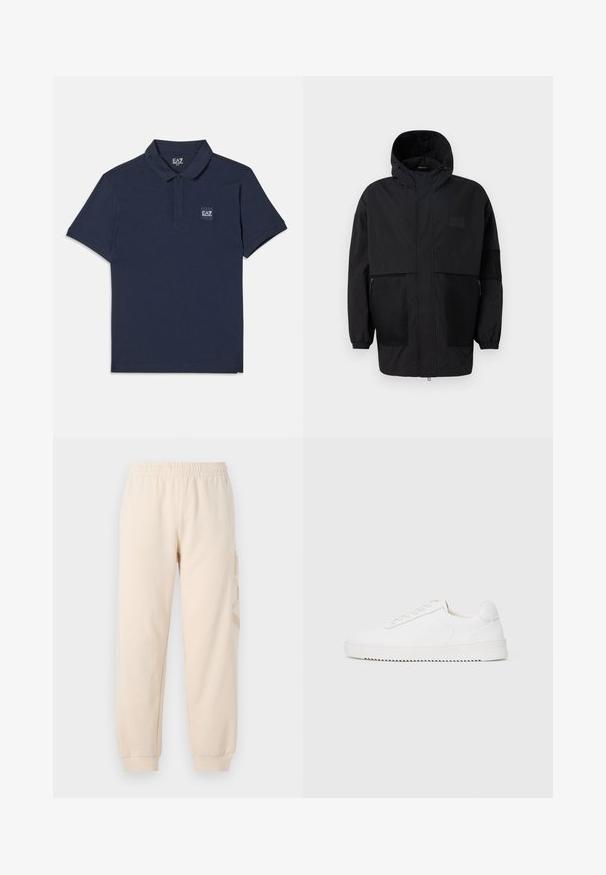 Musthave musta kapuutsiga jakk, mis on valmistatud kergest kangast, koos võrgupaneelide, ees oleva tõmbluku ja elastsete mansettidega kohandatava sobivuse jaoks.; Merev sinise värviga puuvillane polo särk, millel on klassikaline krae, lühikesed varrukad ja vasakul rinnal väike EA7 logo. ; Bežid jogger püksid, mis on valmistatud pehmest kangast, millel on elastne vöökoht ja kummist pahkluud. Küljel on peenelt reljeefne logo.; Valge jooksutoss, millel on siledast nahast ülemine osa, ümmargune nina, paelad, tekstuuriga küljeaktsendid ja paks kummitald. Minimalistlik disain.