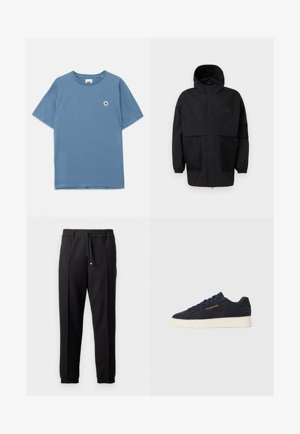 Crna kapuljača od laganog materijala, s mrežastim panelima, prednjim zatvaračem i elastičnim manžetama za prilagodljivu veličinu.; Plava pamučna majica kratkih rukava s okruglim izrezom, na lijevoj strani prsnog dijela s malim okruglim logotipom s slovom "W".; Crne hlače s pojasom, vezicom i elastičnim rubovima. Imaju nabore i glatku, teksturiranu tkaninu.; Navy plave sačmene niske tenisice s bijelim potplatom, mornarskim vezicama i "Filling Pieces" logotipom u zlatnoj boji sa strane.