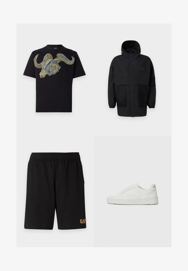 Black hooded jacket made from lightweight fabric, featuring mesh panels, a front zipper, and elastic cuffs for adjustable fit.; Black short-sleeve t-shirt featuring a bold graphic of a bull's head in gold, white, and blue swirling lines on the front. Cotton fabric.; Black athletic shorts made of soft fabric,Featuring an elastic waistband and a small yellow EA7 logo on the lower left leg.; White leather sneaker with a smooth finish, round toe, flat laces, and a textured sole. Features a subtle logo on the heel.