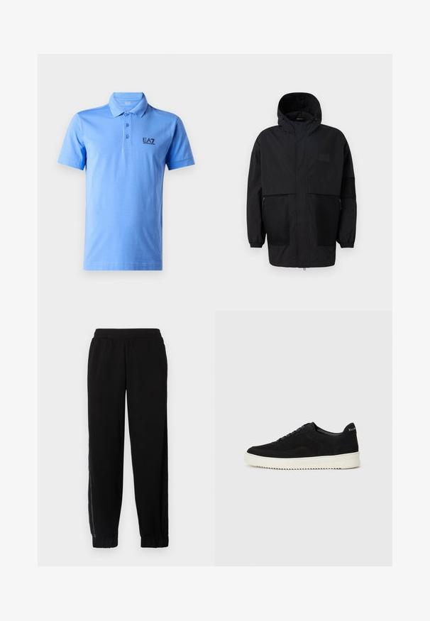 Svart hettejakke laget av lettvektig stoff, med mesh-paneler, en front glidelås og elastiske mansjetter for justerbar passform.; Lys blå polo skjorte laget av myk bomull. Har en krage design, tre knappestolpe, og en svart EA7-logo på brystet.; Svarte joggebukser laget av myk tekstil, med elastisk midje, ribbede hem og sidelengs mesh-paneler for ekstra ventilasjon.; Svart semsket sneakers med snøring og kontrasterende hvit gummisåle. Har teksturerte sidepaneler og subtil merkevare på hælen.