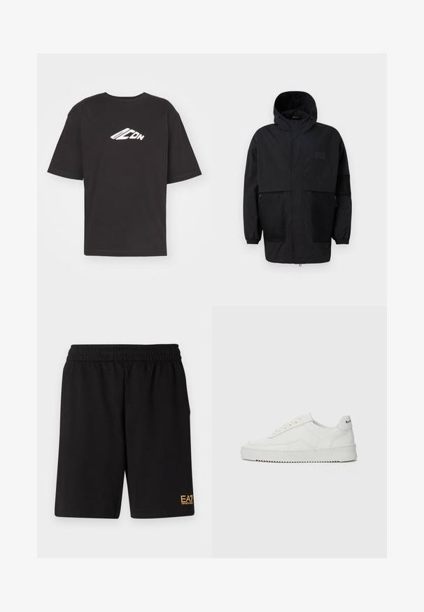 Svart hettejakke laget av lettvektig stoff, med mesh-paneler, en front glidelås og elastiske mansjetter for justerbar passform.; Svart kortermet T-skjorte laget av bomull, med et hvitt grafisk logo på fronten, rund hals og rett nederkant.; Sorte treningsshorts laget av mykt stoff, med elastisk midje og en liten gul EA7-logo nederst på venstre ben.; Hvite lærersneakers med en jevn overflate, rund tå, flate lisser og en teksturert såle. Har en subtil logo på hælen.