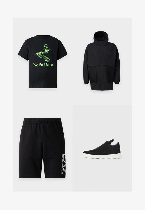 Musta huppari, joka on valmistettu kevyestä kankaasta, sisältäen verkkopaneeleja, etuvetoketjun ja joustavat hihansuut säädettävää istuvuutta varten.; Musta puuvillainen t-paita, jossa on vihreä avaruusolion graafinen kuva ja "No Problemo" -teksti, rento malli ja lyhyet hihat.; EA7 Emporio Armani TRAIN VISIBILITY - Shortsit - black/cream; Mustat mokkasiinikenkiä valkoisella kumipohjalla, jossa on sävy sävyyn ompelu ja nauhakiinnitys. Sujuva pinta ja moderni, virtaviivainen muoto.