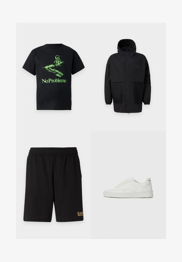 Black hooded jacket made from lightweight fabric, featuring mesh panels, a front zipper, and elastic cuffs for adjustable fit.; Black cotton t-shirt featuring a green alien graphic and "No Problemo" text, with a relaxed fit and short sleeves.; Black athletic shorts made of soft fabric,Featuring an elastic waistband and a small yellow EA7 logo on the lower left leg.; White leather sneaker with a smooth finish, round toe, flat laces, and a textured sole. Features a subtle logo on the heel.