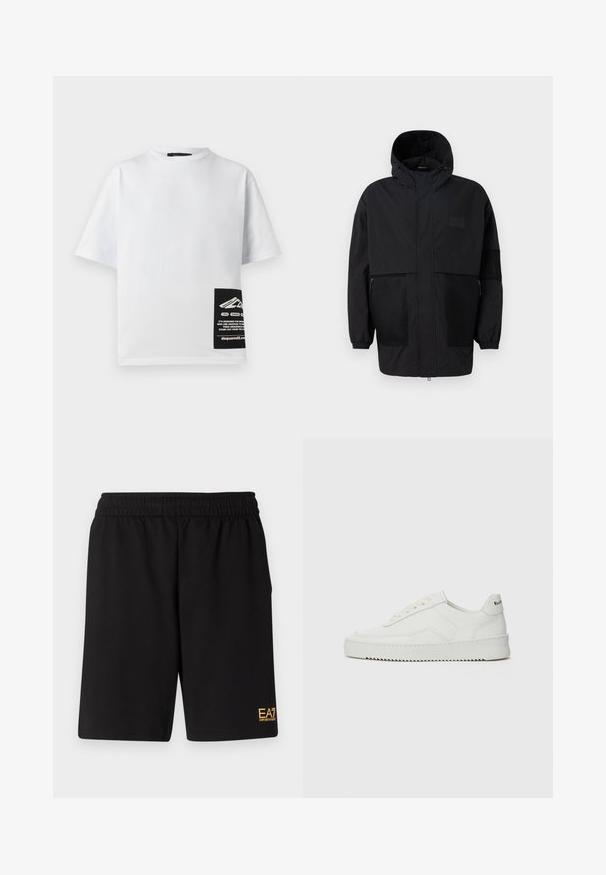 Black hooded jacket made from lightweight fabric, featuring mesh panels, a front zipper, and elastic cuffs for adjustable fit.; White cotton t-shirt with a round neck, short sleeves, and a black label featuring logo and text on the lower right corner.; Black athletic shorts made of soft fabric,Featuring an elastic waistband and a small yellow EA7 logo on the lower left leg.; White leather sneaker with a smooth finish, round toe, flat laces, and a textured sole. Features a subtle logo on the heel.