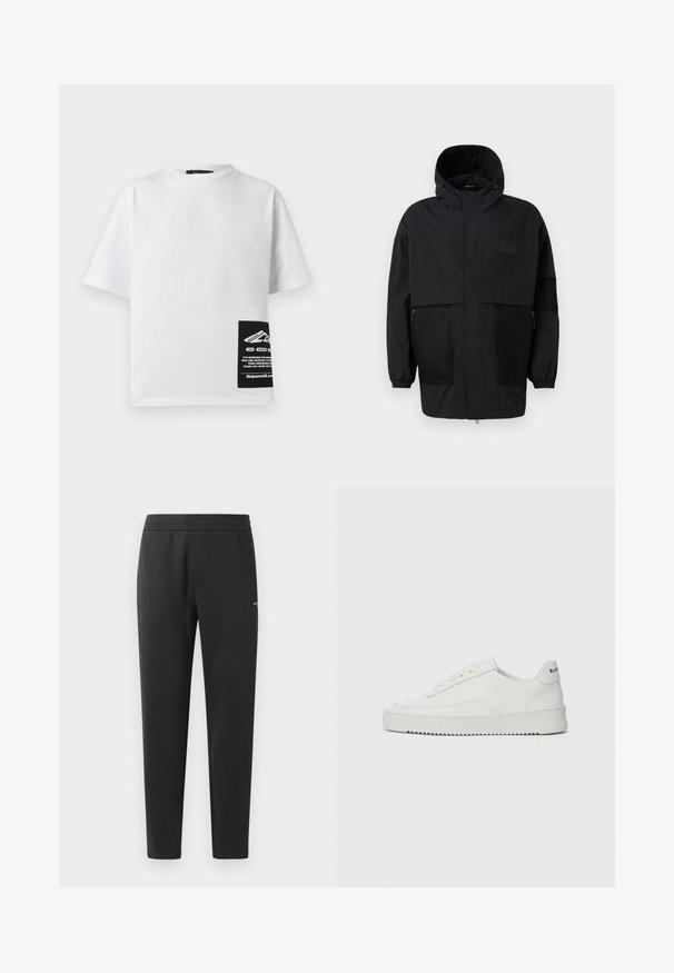 Schwarze Kapuzenjacke aus leichtem Stoff, mit Netzpaneelen, einem Frontreißverschluss und elastischen Bündchen für eine verstellbare Passform.; Weißes Baumwoll-T-Shirt mit Rundhalsausschnitt, kurzen Ärmeln und einem schwarzen Etikett mit Logo und Text in der unteren rechten Ecke.; Schwarze Jogginghosen aus weichem Stoff, mit einem elastischen Bund, geraden Beinen und einem kleinen Logodetail an der Seite.; Weiße Ledersneaker mit glatter Oberfläche, runder Zehenpartie, flachen Schnürsenkeln und strukturiertem Sohlenprofil. Mit einem dezenten Logo an der Ferse.