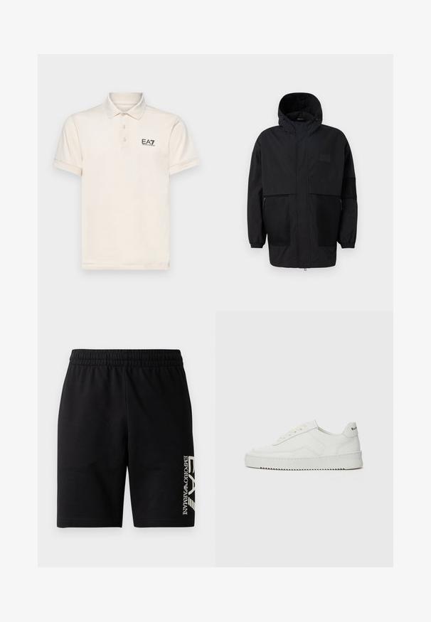 Černá kapucňová bunda vyrobená z lehké tkaniny, s síťovinovými panely, předním zipem a elastickými manžetami pro nastavitelné přizpůsobení.; EA7 Emporio Armani TRAIN CORE - Polotričko - white/gray; EA7 Emporio Armani TRAIN VISIBILITY - Šortky - black/cream; Bílé kožené tenisky s hladkým povrchem, kulatou špičkou, plochými tkaničkami a texturovanou podrážkou. Na patě se nachází nenápadné logo.