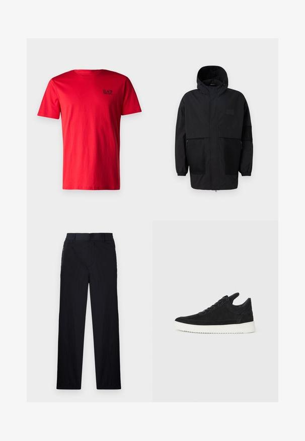 Black hooded jacket made from lightweight fabric, featuring mesh panels, a front zipper, and elastic cuffs for adjustable fit.; EA7 Emporio Armani TRAIN CORE TEE - Basic T-shirt - salsa; Black trousers featuring a lightweight, textured fabric, straight-leg design, elastic waistband, and side zip pockets.; Black suede sneaker with a white rubber sole, featuring tonal stitching and lace-up design. Smooth texture with a modern, streamlined shape.