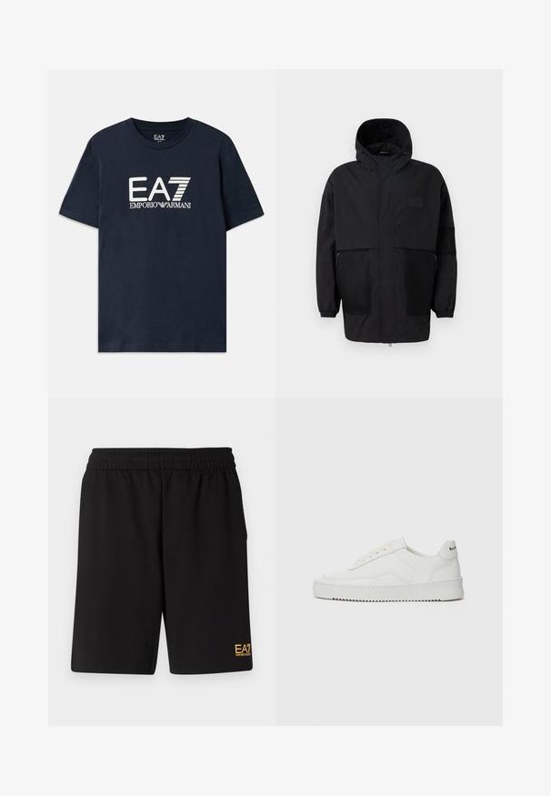 Casaco preto com capuz, feito de um tecido leve, apresentando painéis de malha, um fecho éclair frontal e punhos elásticos para um ajuste ajustável.; T-shirt de algodão azul com mangas curtas e decote redondo. Apresenta um destacado logótipo branco EA7 Emporio Armani na parte da frente.; Calções desportivos pretos feitos de um tecido suave, com um cós elástico e um pequeno logótipo amarelo EA7 na parte inferior da perna esquerda.; Sapatilha de couro branco com acabamento suave, bico redondo, atacadores planos e uma sola texturizada. Apresenta um logotipo discreto no calcanhar.