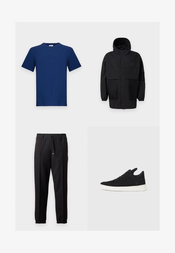 Jachetă neagră cu glugă, realizată dintr-un material ușor, având panouri din plasă, fermoar frontal și manșete elastice pentru o ajustare confortabilă.; Tricou din bumbac cu mânecă scurtă, de culoare bleu marin. Are un gât rotund și croială dreaptă, cu o textură fină și fără modele vizibile.; Pantaloni negri cu un brâu, șnur și manșete elastice. Prezintă pliuri și un material neted, texturat.; Sneakers negre din suede cu o talpă din cauciuc albă, prezentând cusături tonale și un design cu șireturi. Textură netedă cu o formă modernă și aerodinamică.