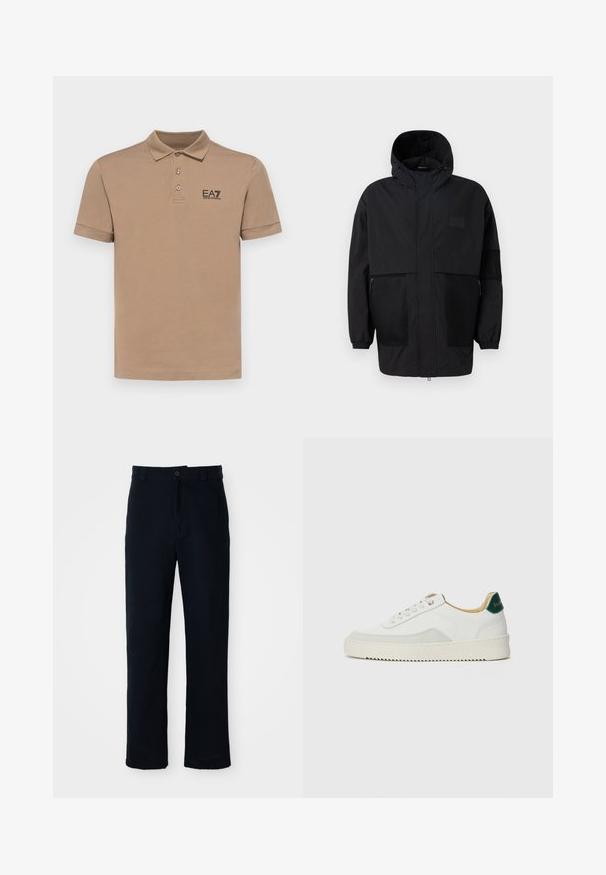 Fekete kapucnis dzseki, könnyű anyagból készült, hálós panelek, elülső cipzár és állítható illeszkedést biztosító rugalmas mandzsetták jellemzik.; EA7 Emporio Armani TRAIN CORE - Pólóing - portabella; Sötétkék pamut nadrág, egyenes szárú fazonnal, elülső gombos záródással és klasszikus derékkal, övhurkokkal.; Fehér sneaker suédé részletekkel, kerek orral, lapos fűzőkkel és krémszínű gumitalppal. Zöld logó található a sarkán.