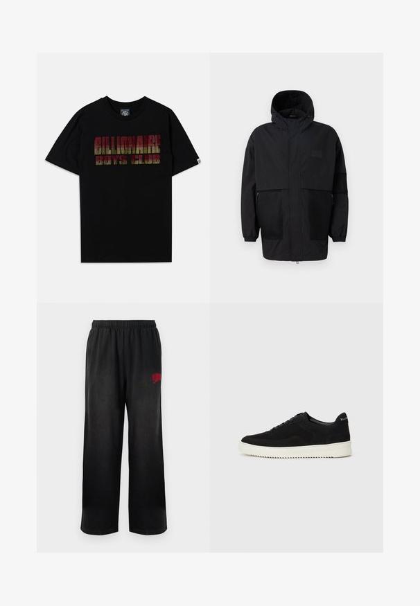 Juodas gobtuvu džemperis, pagamintas iš lengvo audinio, turi tinklinės juosteles, priekinį užtrauktuką ir elastingus rankogalius, leidžiančius pritaikyti dydį.; Juoda medvilninė trumpomis rankovėmis marškinėliai, ant kurių matomas tekstas "BILLIONAIRE BOYS CLUB" daugiaspalvėje gradientinėje spalvų paletėje su tekstūriniais raštais.; Juodi sportiniai šortai su elastingu juosmeniu ir šoninėmis kišenėmis. Dešiniajame šlaunyje yra raudonas "Billionaire Boys Club" logotipas. Minkšta, lygi tekstūra.; Juodos veliūrinės sportinės bateliai su raištelių dizainu ir kontrastinga balta gumine padais. Yra tekstūruoti šoniniai skydeliai ir subtilus logotipas ant kulno.