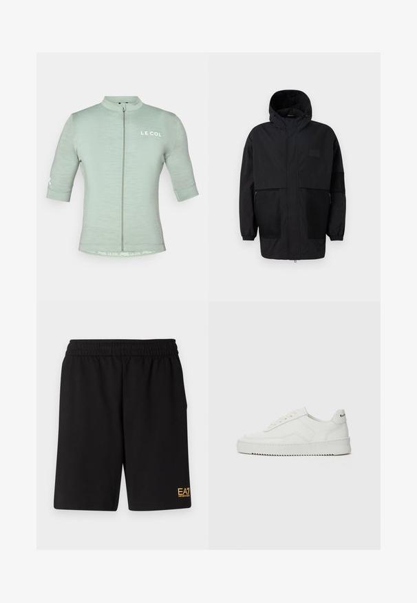 Musta huppari, joka on valmistettu kevyestä kankaasta, sisältäen verkkopaneeleja, etuvetoketjun ja joustavat hihansuut säädettävää istuvuutta varten.; Vihreä lyhythihainen pyöräilypaita, jossa on vetoketju edessä, heijastava logo ja minimalistinen muotoilu; teksturoitu kangas, joka istuu lähellä kehoa.; Mustat urheilushortsit, jotka on valmistettu pehmeästä kankaasta. Kengissä on joustava vyötärönauha ja pieni keltainen EA7-logo vasemmassa alakulmassa.; Valkoinen nahkakenkä, jossa on sileä pinta, pyöreä kärki, tasaiset nauhat ja teksturoitu pohja. Sisältää huomaamattoman logon kantapäässä.