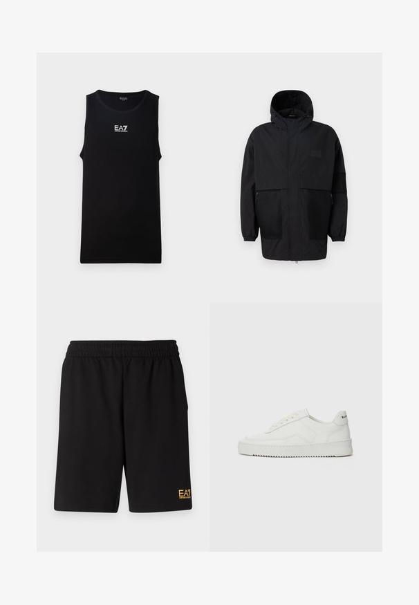 Casaco preto com capuz, feito de um tecido leve, apresentando painéis de malha, um fecho éclair frontal e punhos elásticos para um ajuste ajustável.; Camisola preta sem mangas com decote redondo. Apresenta um logo branco EA7 Emporio Armani no peito. Feita de tecido suave.; Calções desportivos pretos feitos de um tecido suave, com um cós elástico e um pequeno logótipo amarelo EA7 na parte inferior da perna esquerda.; Sapatilha de couro branco com acabamento suave, bico redondo, atacadores planos e uma sola texturizada. Apresenta um logotipo discreto no calcanhar.