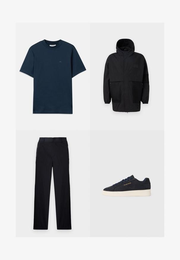 Černá kapucňová bunda vyrobená z lehké tkaniny, s síťovinovými panely, předním zipem a elastickými manžetami pro nastavitelné přizpůsobení.; Tmavě modré bavlněné tričko s kulatým výstřihem, krátkými rukávy a decentním logem potištěným na hrudi. Hladká textura a klasický střih.; Černé kalhoty s lehkým, strukturovaným materiálem, rovnými nohavicemi, elastickým pasem a postranními zipovými kapsami.; Námornická modrá semišová nízká obuv s bílou podrážkou, námořnickými tkaničkami a zlatým logem "Filling Pieces" na boku.