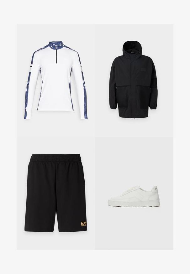 Black hooded jacket made from lightweight fabric, featuring mesh panels, a front zipper, and elastic cuffs for adjustable fit.; Long-sleeve athletic shirt, white with blue patterned sleeves, high collar, and 1/4 zip. Features contrasting black stripes on sleeves.; Black athletic shorts made of soft fabric,Featuring an elastic waistband and a small yellow EA7 logo on the lower left leg.; White leather sneaker with a smooth finish, round toe, flat laces, and a textured sole. Features a subtle logo on the heel.