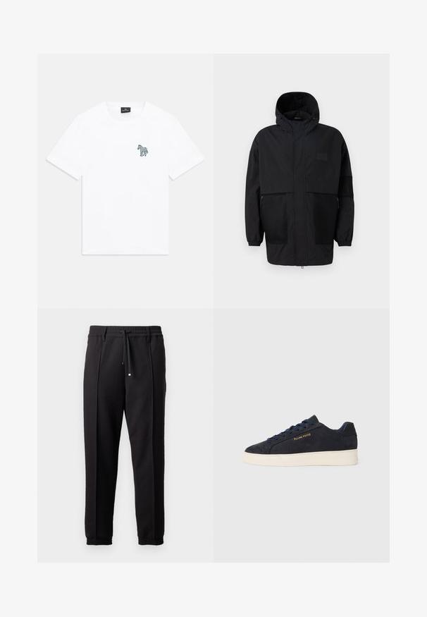 Schwarze Kapuzenjacke aus leichtem Stoff, mit Netzpaneelen, einem Frontreißverschluss und elastischen Bündchen für eine verstellbare Passform.; Weißes kurzärmeliges T-Shirt mit Rundhalsausschnitt und einem kleinen dunklen Zebra-Graphic auf der linken Brust sowie einem schwarzen Etikett im Kragen.; Schwarze Hose mit einem Bund, Kordelzug und elastischen Bündchen. Sie verfügt über Plissees und einen glatten, strukturierten Stoff.; Marineblaue Wildleder Low-Top Sneaker mit weißer Sohle, marineblauen Schnürsenkeln und goldenem "Filling Pieces" Logo an der Seite.