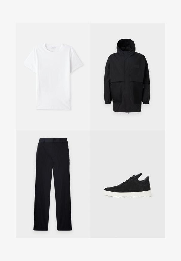 Čierna kapucňová bunda vyrobená z ľahkého materiálu, s priehľadnými panelmi, predným zipsom a elastickými manžetami pre nastaviteľné prispôsobenie.; Biely bavlnený tričko, kruhový výstrih, krátke rukávy, hladká textúra, bez vzorov alebo akcentov, jednoduchý dizajn, štandardný strih.; Čierne nohavice z ľahkého textúrovaného materiálu, s priamym strihom, elastickým pásom a bočnými zipsovými vreckami.; čierne semišové tenisky s bielou gumovou podrážkou, s tonálnym prešívaním a šnurovaním. Hladká textúra s moderným, zjednodušeným tvarom.