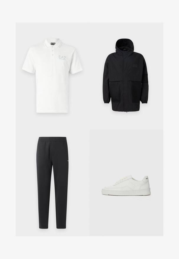 Juodas gobtuvu džemperis, pagamintas iš lengvo audinio, turi tinklinės juosteles, priekinį užtrauktuką ir elastingus rankogalius, leidžiančius pritaikyti dydį.; EA7 Emporio Armani Polo marškinėliai - white; Juodos sportinės kelnės, pagamintos iš minkštos medžiagos, su elastinga juosmeniu, tiesiomis kojomis ir nedideliu logotipo akcentu šone.; Balti odiniai sportiniai bateliai su lygia apdaila, apvaliu pirštu, plokščiais raišteliais ir tekstūruotu padu. Pasižymi subtiliu logotipu ant kulno.