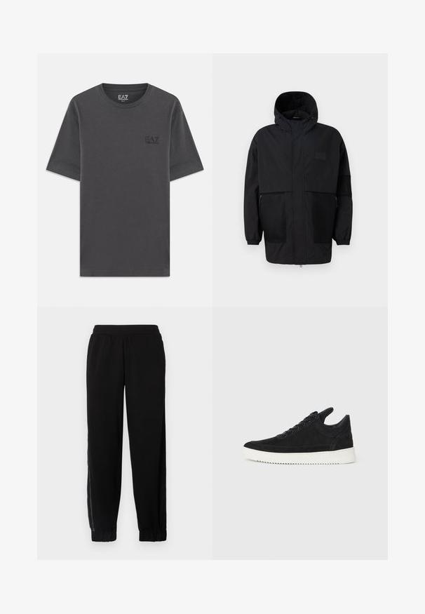 Černá kapucňová bunda vyrobená z lehké tkaniny, s síťovinovými panely, předním zipem a elastickými manžetami pro nastavitelné přizpůsobení.; Tmavě šedé bavlněné tričko s krátkým rukávem, klasického střihu, a malým černým logem EA7 na levé části hrudi. Hladká textura, klasický design s kulatým výstřihem.; Černé joggingové kalhoty vyrobené z měkké tkaniny, s elastickým pasem, manžetami na nohavicích a bočními síťovinami pro lepší ventilaci.; Černé semišové tenisky s bílou gumovou podrážkou, s tónovým prošitím a šněrováním. Hladký povrch s moderním, aerodynamickým tvarem.