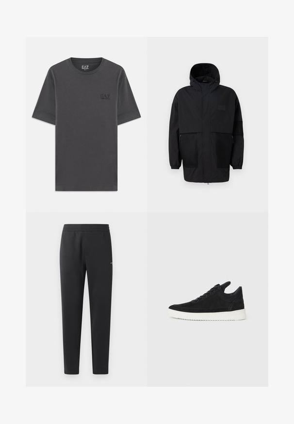 Melnā kapučjaka, kas izgatavota no viegla auduma, ar acs paneļiem, priekšējo rāvējslēdzēju un elastīgām aprocēm, kas nodrošina regulējamu piegulšanu.; Tumši pelēks kokvilnas T-krekls ar īsām piedurknēm, parasta piegriezuma, un neliela melna EA7 logo kreisajā krūtī. Gluda tekstūra, klasiskā apaļā kakla dizains.; Melni sporta bikses, kas izgatavotas no mīkstas auduma, ar elastīgu jostasvietu, taisnām kājām un nelielu logotipa detaļu sānos.; Melna zamša apavi ar baltu gumijas zoli, ar tonālu izšuvumu un auklu dizainu. Gluda tekstūra ar mūsdienīgu, plūstošu formu.