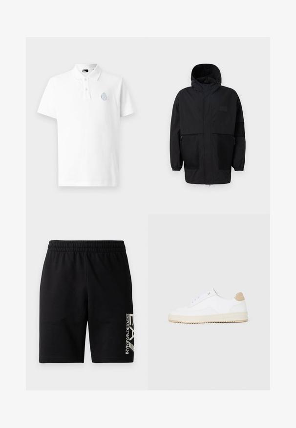 Fekete kapucnis dzseki, könnyű anyagból készült, hálós panelek, elülső cipzár és állítható illeszkedést biztosító rugalmas mandzsetták jellemzik.; Fehér pamut póló, három gombos nyakkal, bal mellen világoskék hímzett emblémával. Rövid ujjak.; EA7 Emporio Armani TRAIN VISIBILITY - Rövidnadrágok - black/cream; Fehér, alacsony szárú sportcipők textúrált bőr felsőrésszel, krémszínű bordás talppal és barna sarokdíszítéssel. Fehér fűzőkkel és logóval ellátott sarokkialakítással rendelkezik.