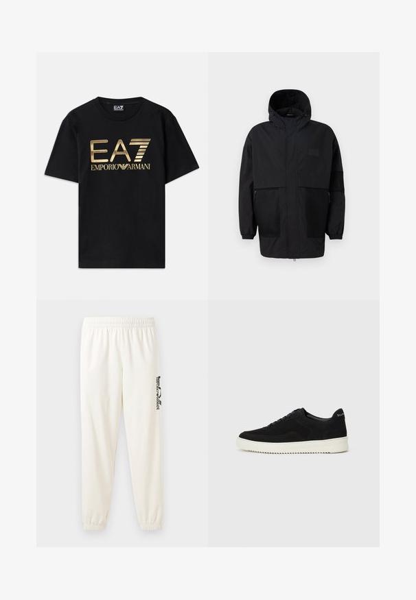 Juodas gobtuvu džemperis, pagamintas iš lengvo audinio, turi tinklinės juosteles, priekinį užtrauktuką ir elastingus rankogalius, leidžiančius pritaikyti dydį.; Juodas medvilninis marškinėliai trumpomis rankovėmis, su auksiniu atspaudiniu "EA7 EMPORIO ARMANI" logotipu ant priekio. Paprastas dizainas, apvalus iškirpimas.; Šviesiai smėlinės spalvos sportinės kelnės su elastine juosta ir elastiniais rankogaliais. Kairėje kojoje yra juodai spausdintas logotipas. Minkšta audinio tekstūra.; Juodos veliūrinės sportinės bateliai su raištelių dizainu ir kontrastinga balta gumine padais. Yra tekstūruoti šoniniai skydeliai ir subtilus logotipas ant kulno.