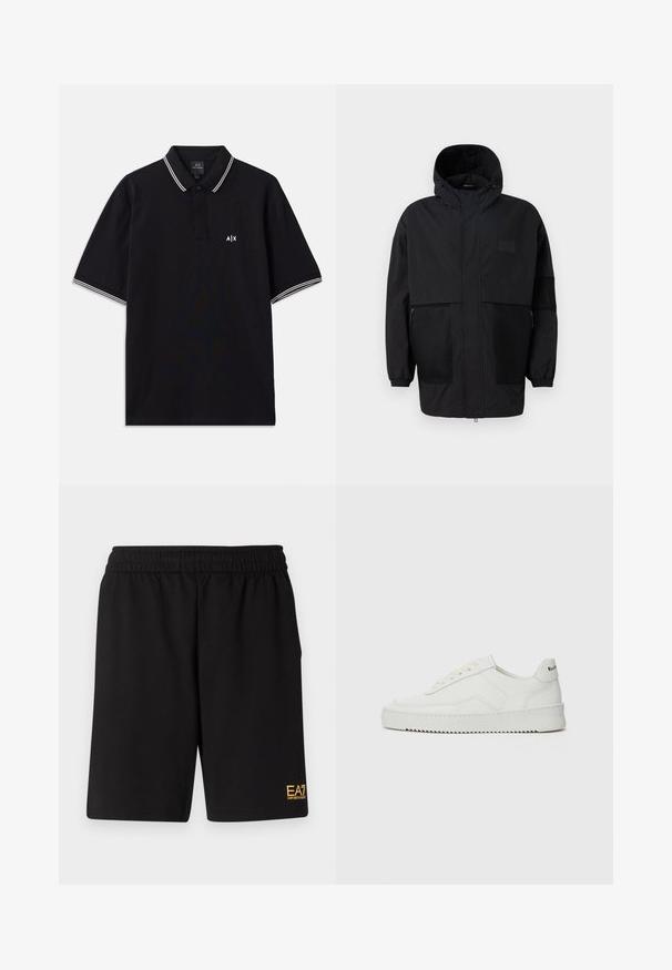 Musthave musta kapuutsiga jakk, mis on valmistatud kergest kangast, koos võrgupaneelide, ees oleva tõmbluku ja elastsete mansettidega kohandatava sobivuse jaoks.; Mustmustäheline polo-särk, mis on valmistatud puuvillast, kahe nööbiga kaelusega, valgete triipudega aksessuaaridel varrukatel ning logoga rinnal.; Mustad mustad lühikesed püksid, mis on valmistatud pehmest kangast. Omavad elastset vöökohta ja väikest kollast EA7 logo vasakul jalal.; Valge nahast tennis, millel on sile põhi, ümar varvas, lamedad nöörid ja tekstuuriline tall. Sisaldab diskreetset logo kontsaribal.