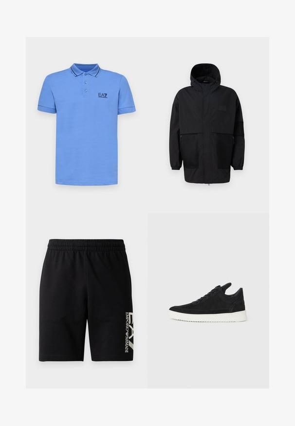 Melnā kapučjaka, kas izgatavota no viegla auduma, ar acs paneļiem, priekšējo rāvējslēdzēju un elastīgām aprocēm, kas nodrošina regulējamu piegulšanu.; EA7 Emporio Armani TRAIN CORE - Polo krekls - granada sky; EA7 Emporio Armani TRAIN VISIBILITY  - Šorti - black/cream; Melna zamša apavi ar baltu gumijas zoli, ar tonālu izšuvumu un auklu dizainu. Gluda tekstūra ar mūsdienīgu, plūstošu formu.
