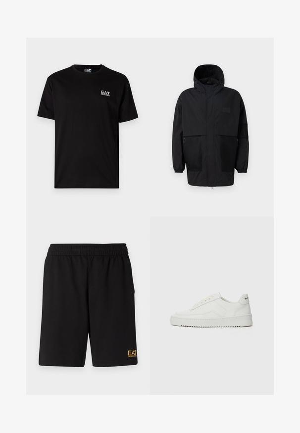 Čierna kapucňová bunda vyrobená z ľahkého materiálu, s priehľadnými panelmi, predným zipsom a elastickými manžetami pre nastaviteľné prispôsobenie.; Čierne bavlnené tričko s krátkymi rukávmi, okrúhlym výstrihom a malým bielym logom EA7 na ľavej hrudi. Hladká štruktúra, bežný strih.; Čierne športové šortky vyrobené z jemného materiálu, s elastickým pásom a malým žltým logom EA7 na dolnej ľavej nohe.; Biele kožené tenisky s hladkým povrchom, okrúly špičkový dizajn, ploché šnúrky a textúrovaná podrážka. Obsahujú jemné logo na päte.