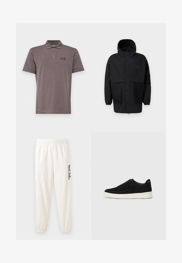 Fekete kapucnis dzseki, könnyű anyagból készült, hálós panelek, elülső cipzár és állítható illeszkedést biztosító rugalmas mandzsetták jellemzik.; EA7 Emporio Armani TRAIN CORE - Pólóing - volcanic glass; Világos bézs szabadidőnadrág rugalmas derékkal és rugalmas szárakkal. A bal lábon fekete nyomott logó található. Puha szövettextúra.; Fekete velúr sportcipő fűzős dizájnnal és kontrasztos fehér gumitalppal. Jellemzői a textúrázott oldalpanelek és a diszkrét logó a sarokon.