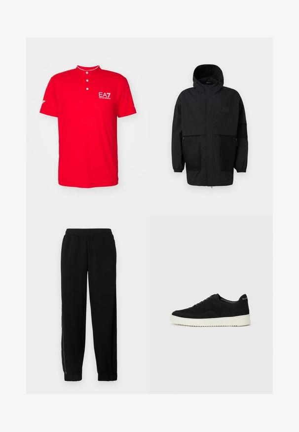 Svart hettejakke laget av lettvektig stoff, med mesh-paneler, en front glidelås og elastiske mansjetter for justerbar passform.; Rød polo-skjorte med kort, oppreist krage, tre-knapps knappelukking og EA7-logo på brystet. Laget av glatt, lett stoff.; Svarte joggebukser laget av myk tekstil, med elastisk midje, ribbede hem og sidelengs mesh-paneler for ekstra ventilasjon.; Svart semsket sneakers med snøring og kontrasterende hvit gummisåle. Har teksturerte sidepaneler og subtil merkevare på hælen.