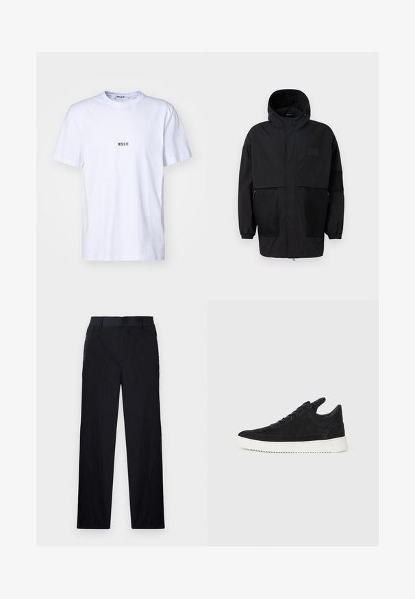 Black hooded jacket made from lightweight fabric, featuring mesh panels, a front zipper, and elastic cuffs for adjustable fit.; White cotton t-shirt with a round neckline, short sleeves, and a small black "MSGM" logo printed on the front. Smooth texture.; Black trousers featuring a lightweight, textured fabric, straight-leg design, elastic waistband, and side zip pockets.; Black suede sneaker with a white rubber sole, featuring tonal stitching and lace-up design. Smooth texture with a modern, streamlined shape.