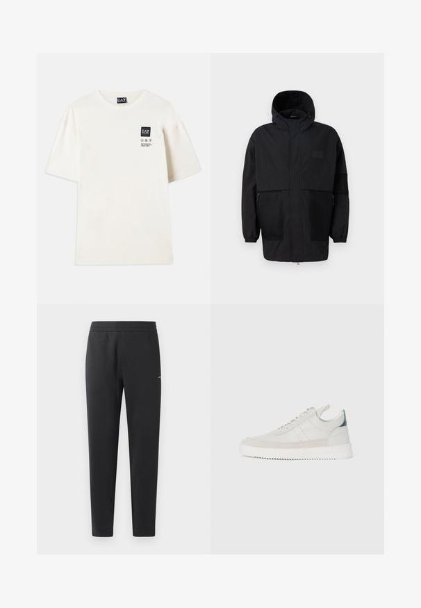 Musthave musta kapuutsiga jakk, mis on valmistatud kergest kangast, koos võrgupaneelide, ees oleva tõmbluku ja elastsete mansettidega kohandatava sobivuse jaoks.; Lühikese varrukaga T-särk heledast puuvillast, millel on ristkülikukujuline must logo ja mustade printidega hooldusteave rinnal.; Mustad jogger pants pehmest kangast, millel on elastne vöökoht, sirged sääred ja üks väike logodetail küljel.; Valged nahkstennised hallide seemisnahast detailidega, paeltega sulgemine, tõmmetab, ning reljeefne kummisoont, millel on siksakmuster.