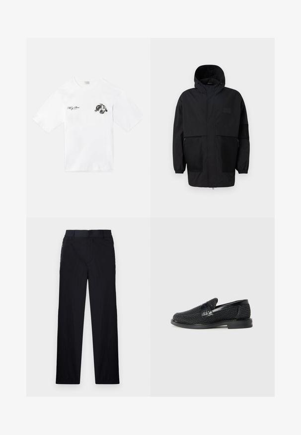 Melnā kapučjaka, kas izgatavota no viegla auduma, ar acs paneļiem, priekšējo rāvējslēdzēju un elastīgām aprocēm, kas nodrošina regulējamu piegulšanu.; Balts kokvilnas T-krekls ar grafisko dizainu kreisajā krūtī. Īsas piedurknes, apaļa kakla izgriezne un brīvs piegriezums.; Melni bikses ar vieglu, teksturētu audumu, taisnu kāju dizainu, elastīgu jostu un sānu rāvējslēdzēju kabatām.; Melnas austas slaidu kurpes ar gludu ādas akcentu augšpusē, apaļas formas purngalu un zemas profila gumijas zoli.