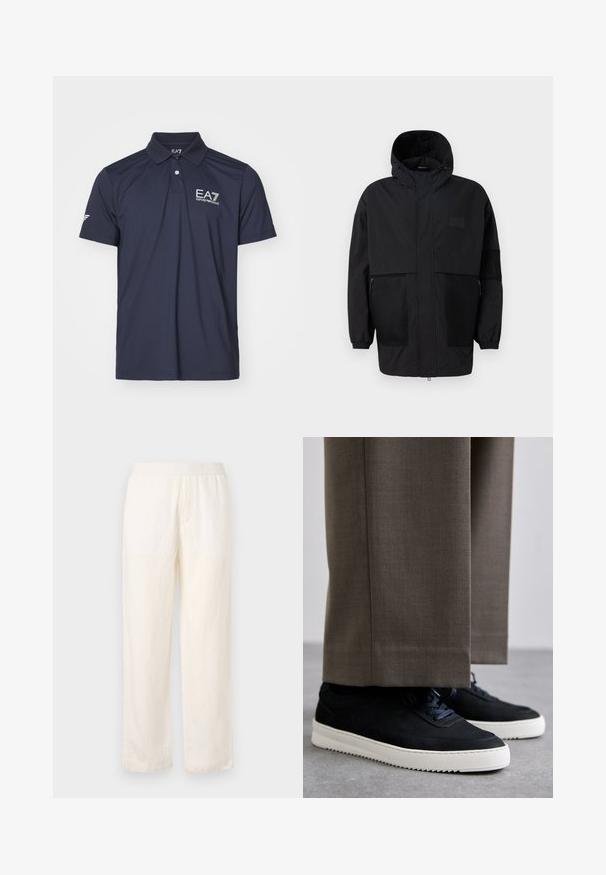 Svart hettejakke laget av lettvektig stoff, med mesh-paneler, en front glidelås og elastiske mansjetter for justerbar passform.; Mørkeblå polo skjorte laget av glatt stoff med tre-knaps knappestolpe og brodert logo på venstre bryst og ermet.; Lettvekts, kremfargede bukser med elastisk midje, rak ben-design og subtil tekstur. Har ingen synlige lommer.; Svarte suedeglans sneakers med hvite gummisåler, med rund tå og lisser, iført grå skreddersydde bukser.