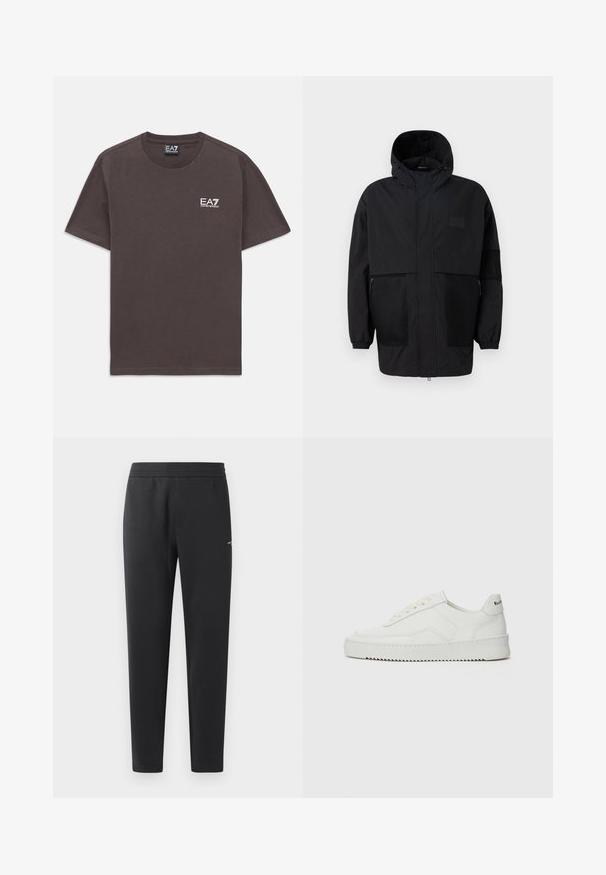 Svart huva jacka gjord av lättviktsmaterial, med meshpaneler, en främre dragkedja och elastiska manschetter för justerbar passform.; Mörkgrå kortärmad t-shirt med rund halsringning och liten vit EA7 Emporio Armani-logotyp på vänster bröst och nacketikett.; Svarta joggingbyxor i mjukt tyg, med elastisk midja, raka ben och en liten logotypdetalj på sidan.; Vita lädersneakers med en jämn yta, rund tå, platta snörningar och en strukturerad sula. Har en diskret logotyp på hälen.