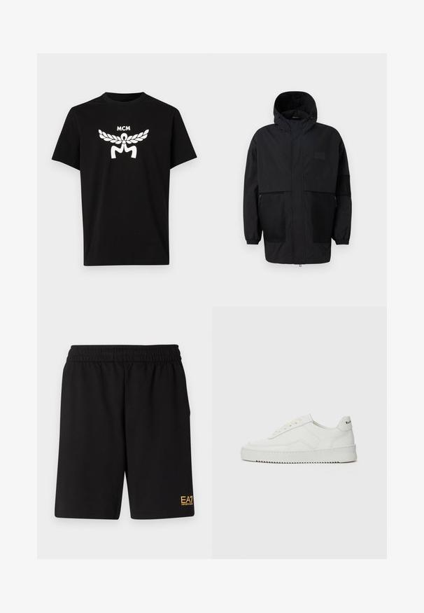 Casaco preto com capuz, feito de um tecido leve, apresentando painéis de malha, um fecho éclair frontal e punhos elásticos para um ajuste ajustável.; T-shirt de algodão preto com mangas curtas, apresentando um grande logótipo MCM branco e um design de louros na frente. Decote redondo clássico.; Calções desportivos pretos feitos de um tecido suave, com um cós elástico e um pequeno logótipo amarelo EA7 na parte inferior da perna esquerda.; Sapatilha de couro branco com acabamento suave, bico redondo, atacadores planos e uma sola texturizada. Apresenta um logotipo discreto no calcanhar.