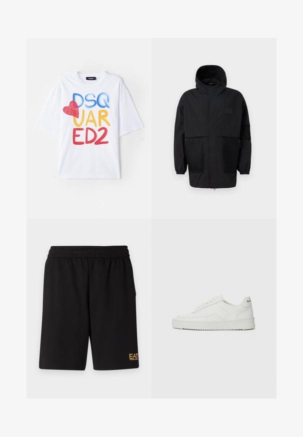 Juodas gobtuvu džemperis, pagamintas iš lengvo audinio, turi tinklinės juosteles, priekinį užtrauktuką ir elastingus rankogalius, leidžiančius pritaikyti dydį.; Balta marškinėliai su spalvinga grafika, kurioje yra užrašas "DSQ UAR ED2", raudona širdies akcentu, trumpomis rankovėmis ir apvalia kaklo iškirpte.; Juoda sportinė šortai, pagaminti iš minkštos medžiagos, su elastingu diržu ir maža geltona EA7 logo apatinėje kairėje kojoje.; Balti odiniai sportiniai bateliai su lygia apdaila, apvaliu pirštu, plokščiais raišteliais ir tekstūruotu padu. Pasižymi subtiliu logotipu ant kulno.