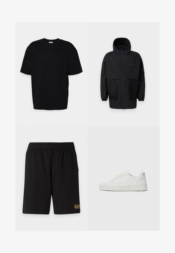 Černá kapucňová bunda vyrobená z lehké tkaniny, s síťovinovými panely, předním zipem a elastickými manžetami pro nastavitelné přizpůsobení.; Černé bavlněné tričko s krátkým rukávem, kulatým výstřihem, uvolněným střihem a bez viditelných vzorů nebo detailů. Hladká textura.; Černé sportovní šortky vyrobené z měkké látky, s elastickým pasem a malým žlutým logem EA7 na dolní části levé nohy.; Bílé kožené tenisky s hladkým povrchem, kulatou špičkou, plochými tkaničkami a texturovanou podrážkou. Na patě se nachází nenápadné logo.